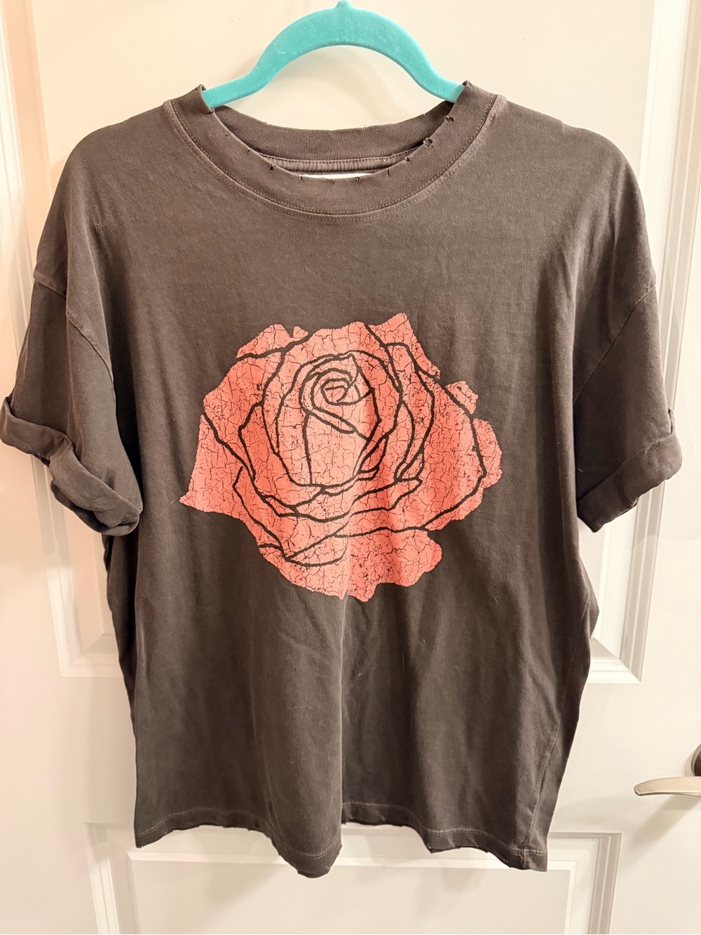 Free People Black Tee with Pink Rose Graphic